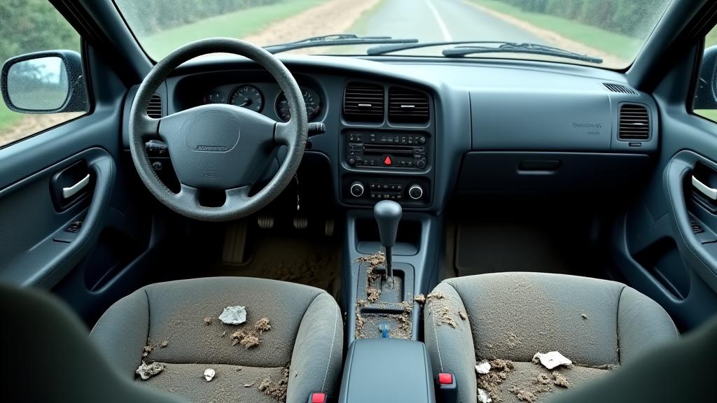 작업 전 먼지 가득한 자동차 실내