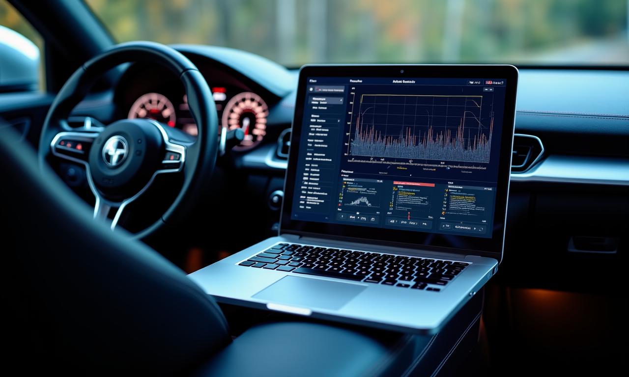 Close-up of a high-end diagnostic laptop connected to a performance car cockpit