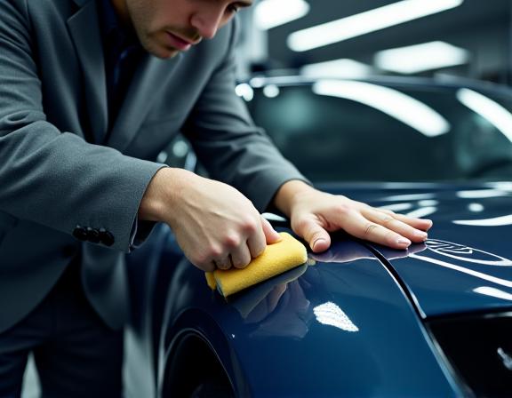 전문가가 자동차 표면을 섬세하게 폴리싱하는 모습
